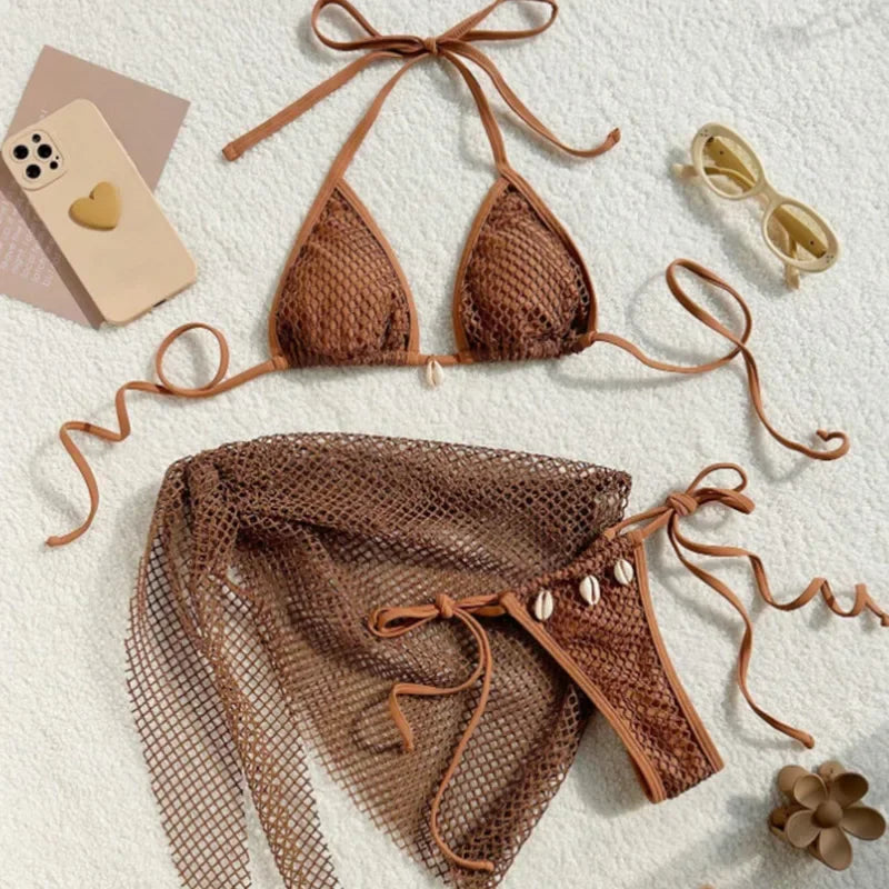 Sexy 3-teiliges Brazilian Bikini Set – Damen Push-Up Badeanzug mit Strandrock & Low-Waist Slip